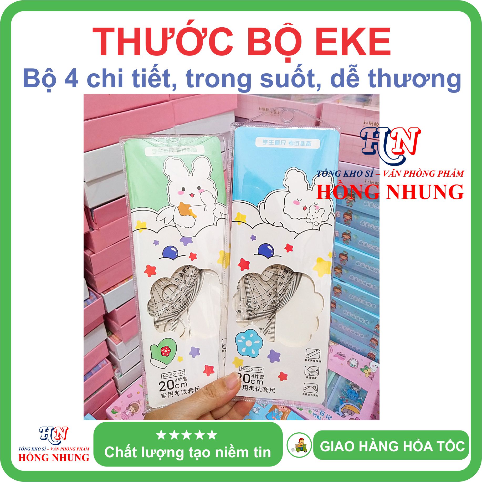 [SALE] Bộ Thước Eke 4 món dễ thương kèm túi, trong suốt, thích hợp cho học sinh để đo vẽ trường tròn, vẽ góc