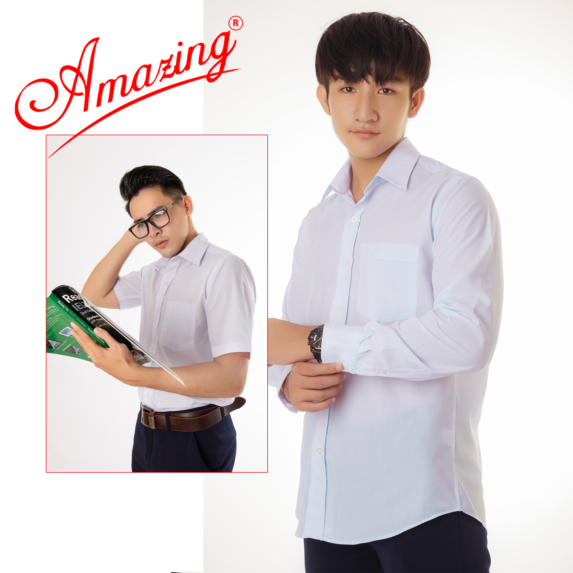 Áo sơ mi nam trắng Amazing, vạt bầu, đồng phục học sinh, công sở, form suông Regular, chất liệu KT silk mềm mượt, size từ 45-105kg