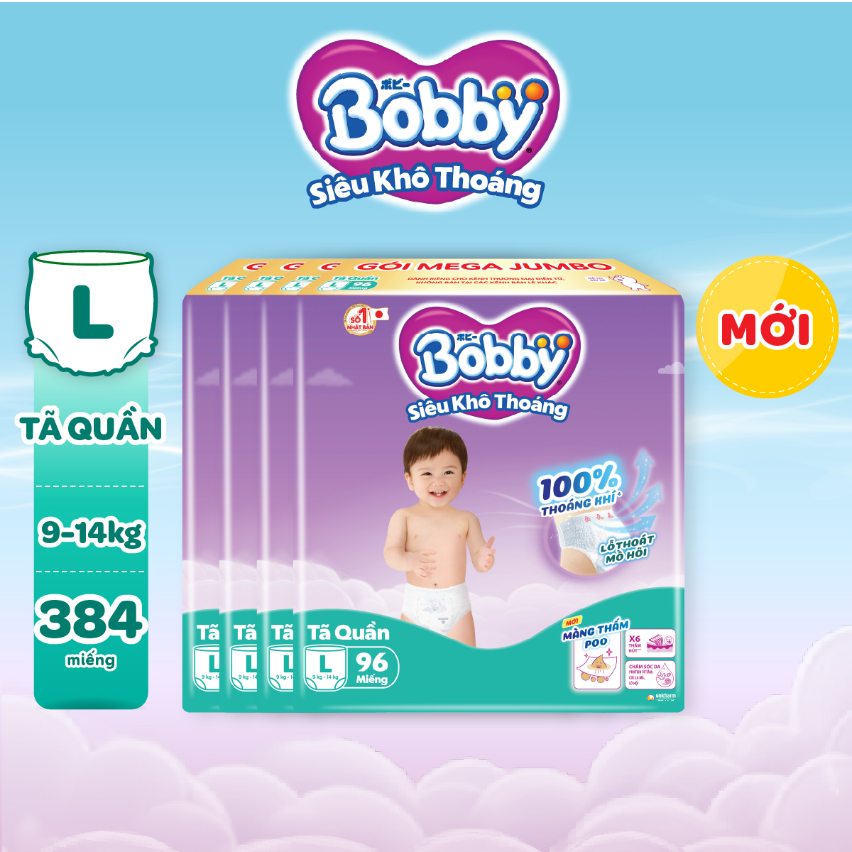 Tã quần Bobby Siêu Khô Thoáng - 100% Thoáng Khí Mega Jumbo L96