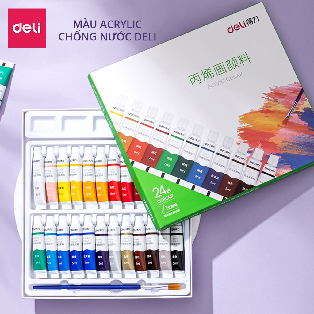 Màu Acrylic tuýp mini chuyên nghiệp Deli - 5ml/tuýp - Vẽ vải / Vẽ quần áo / Vẽ giày - 12/18/24 màu