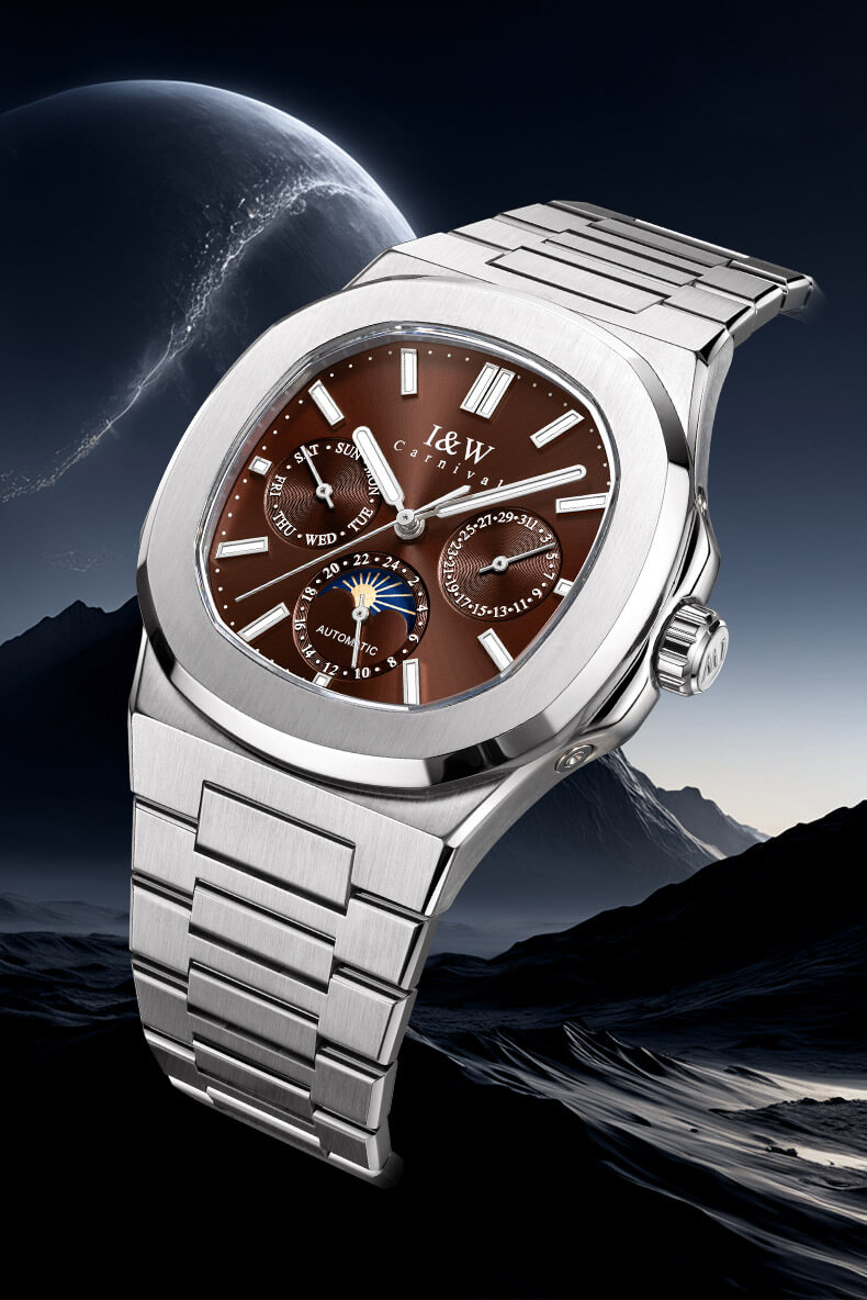 Đồng hồ nam chính hãng I&W CARNIVAL 55886G-4 mặt nâu size mặt 42mm,kính sapphire ,chống nước 50m,dây thép không gỉ