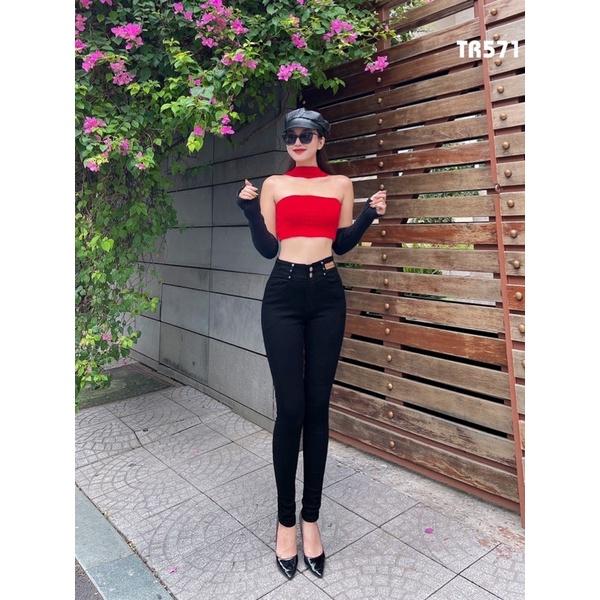 Quần Jeans Nữ Lưng Cao Phối Da Thời Trang