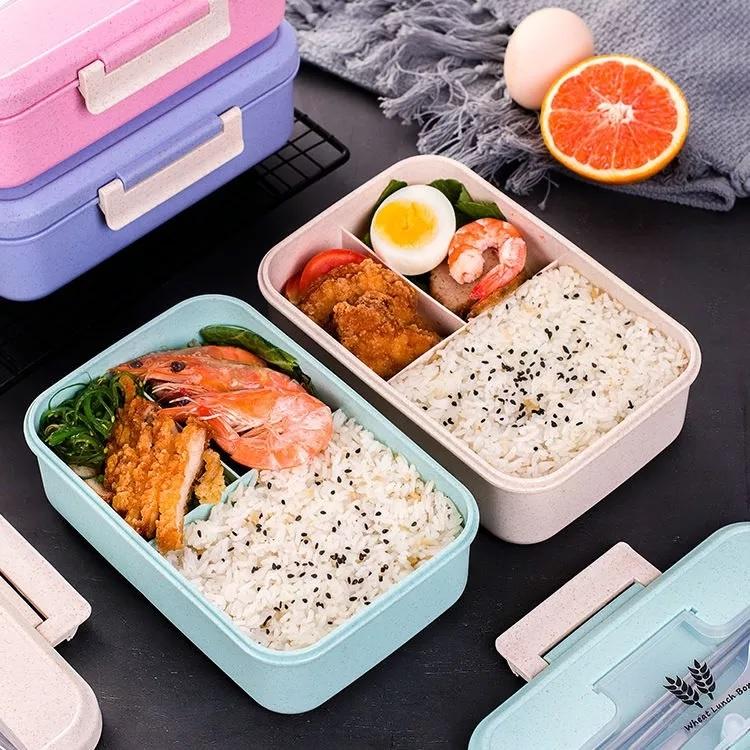 Hộp Đựng Cơm Giữ Nhiệt Ăn Trưa Văn Phòng 3 Ngăn - Nhựa/Lúa Mạch - Kèm Thìa Dĩa