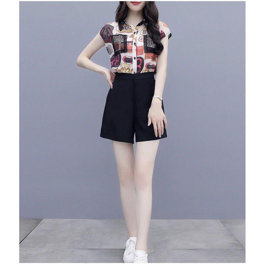 Set bộ quần short áo sơ mi họa tiết phối ren