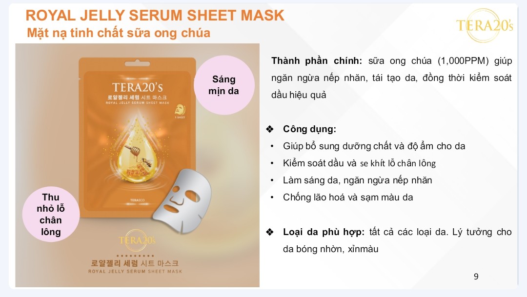 Mặt nạ tinh chất Sữa Ong Chúa TERA20's bổ sung dưỡng chất và độ ẩm cho da, giúp da ẩm mịn, se khít lỗ chân lông và kiểm soát dầu, làm sáng da.