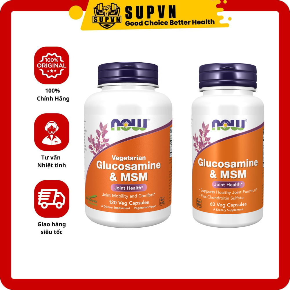 Now Glucosamine Chondroitin &amp; MSM Vegetarian (60 - 120- 240 Viên) - Hỗ trơ xương khớp tăng dịch nhầy và tái tạo sụn - Now Glucosamine &amp; MSM - 60 Viên