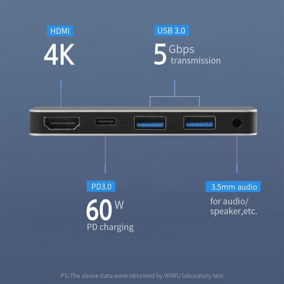 WIWU Alpha M X Pro 5 Trong 1 USB 3.0 x2 + HDMI + Giắc Cắm Âm Thanh 3,5mm + Ổ Cắm HUB Đa Chức Năng Type-C / USB-C - Hàng Chính Hãng