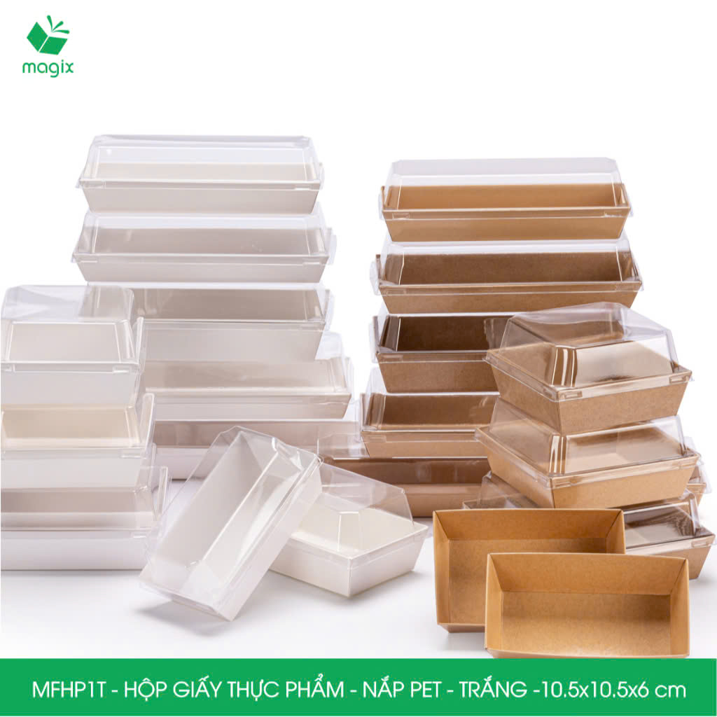 MFHP1T - 10.5x10.5x6 cm - 50 hộp giấy thực phẩm màu trắng nắp Pet, hộp giấy vuông đựng thức ăn, hộp bánh nắp trong