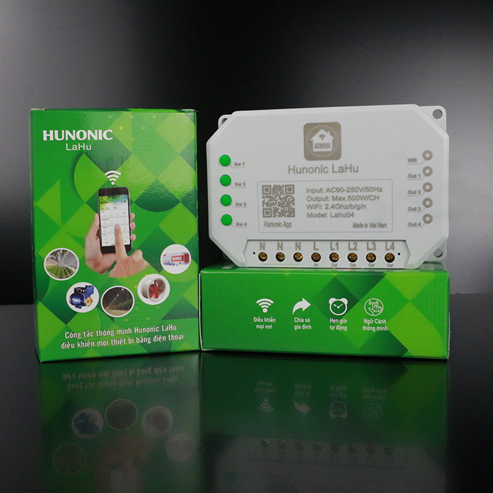 Công tắc điều khiển từ xa bằng điện thoại Hunonic Lahu 4 kênh 500W/kênh + Hẹn giờ thông minh | Công nghệ 4.0