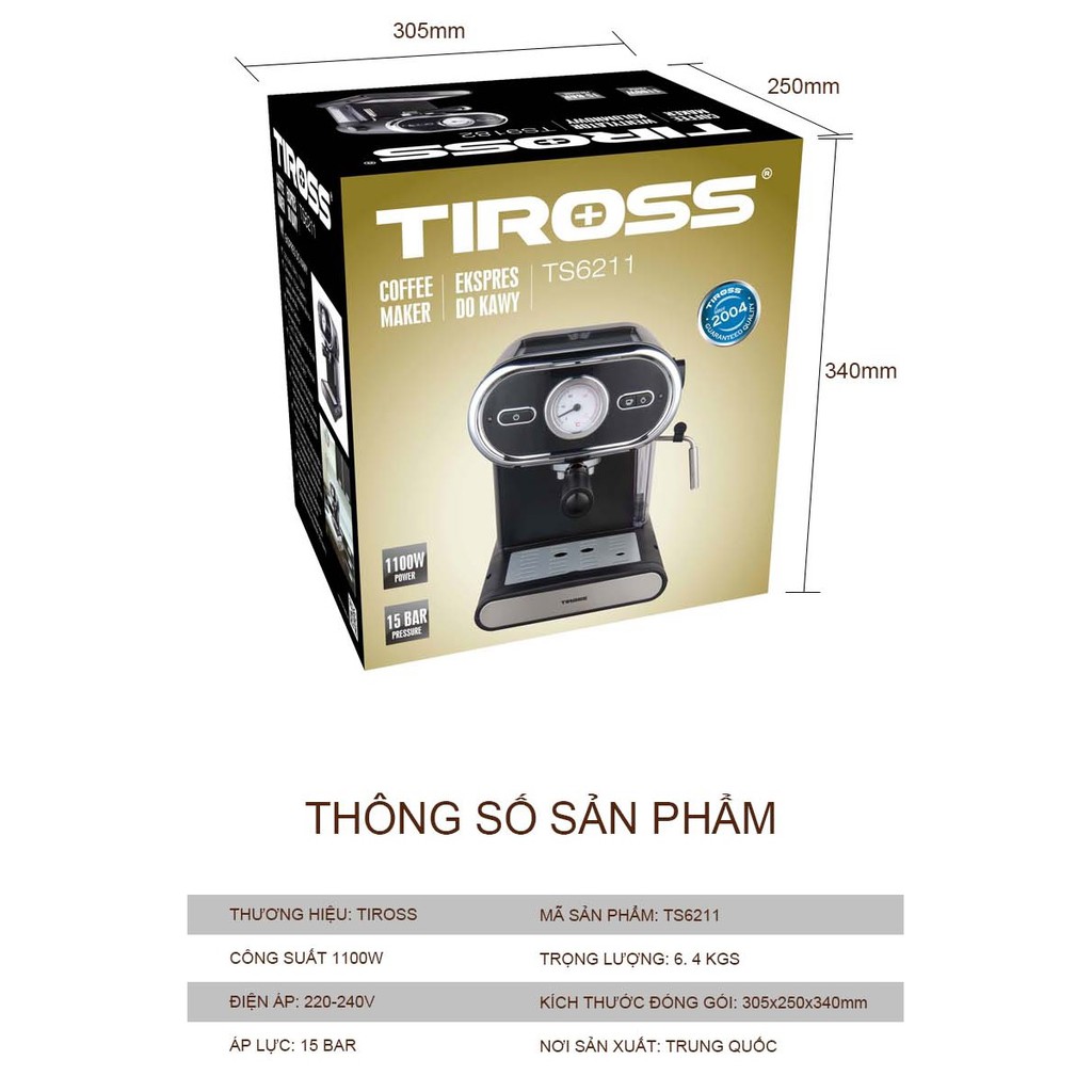 Máy Pha Cafe Espresso, Capuchino Bán Tự Động Gia Đình Tiross TS6211 (15bar), pha 2 tách cà phê cùng lúc, đánh bọt sữa bông và mịn , thương hiệu Ba Lan - Hàng chính hãng