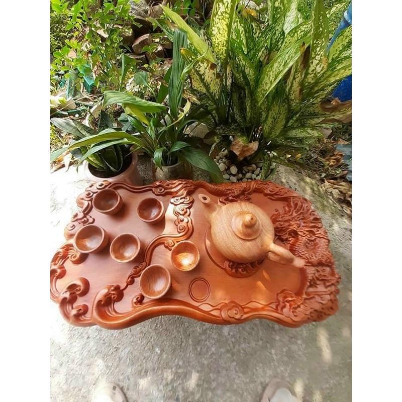 Khay trà gỗ hương nguyên khối trạm rồng