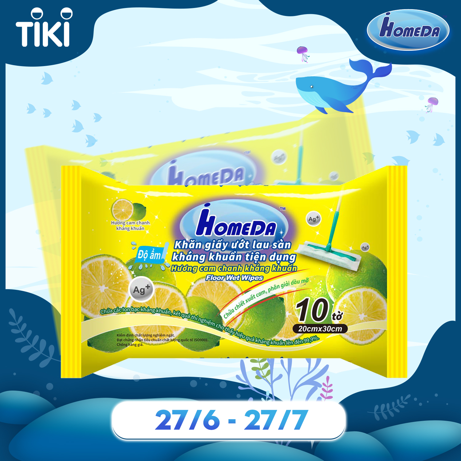 Khăn ướt lau sàn kháng khuẩn tiện dụng IHomeDa - Hương Cam ( 10 miếng ) - iHomeda anti bacteria floor and kitchen wet wipes - Orange Lime Scent ( 10 sheets per package)