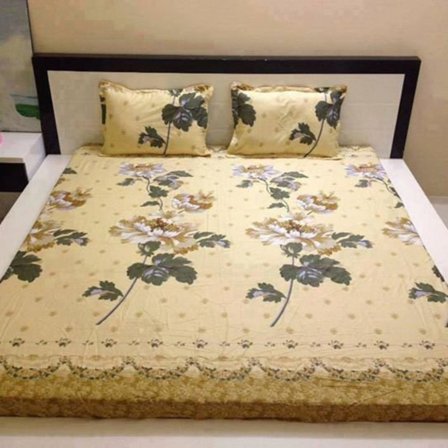 Set 3 món ga gối Poly cotton PL2 - Cúc Vàng + 1 vỏ gối ôm - kèm 1 móc khóa Houston