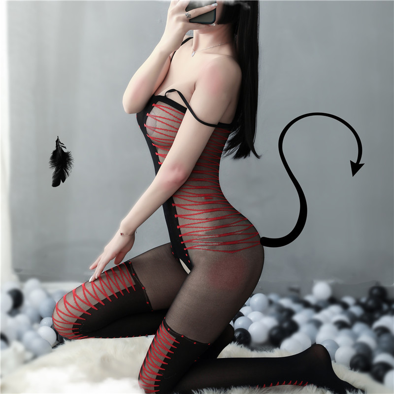 Đồ Ngủ Hai Dây Lưới Xuyên Thấu Khoét Đáy Vải Mịn Đen Đỏ Sexy Bodystocking Erotic Lingerie Nightwear Brave Man BCS21 28 8029