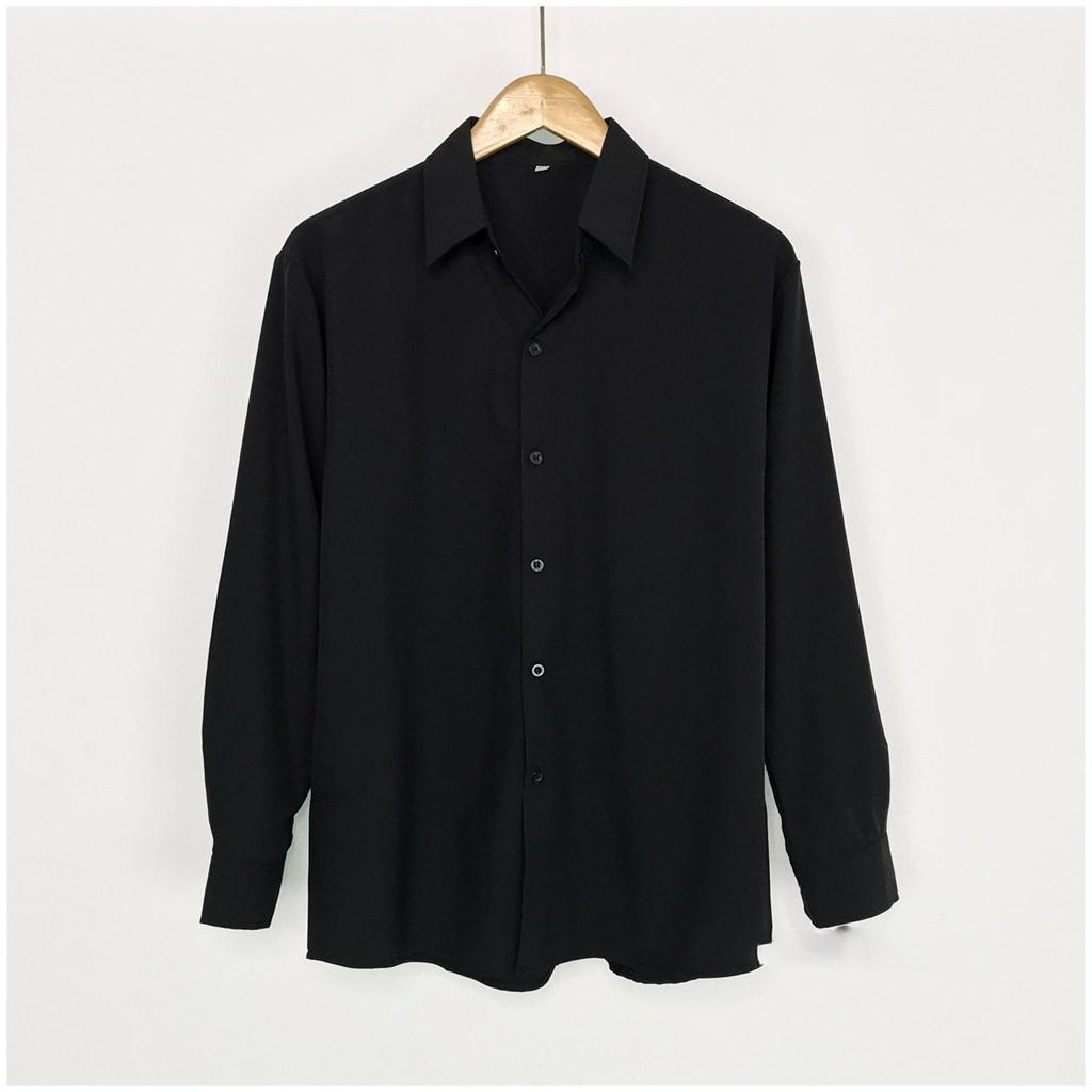 áo sơ mi nam nữ unisex màu đen tay dài Hamino form dáng rộng chất vải lụa dản