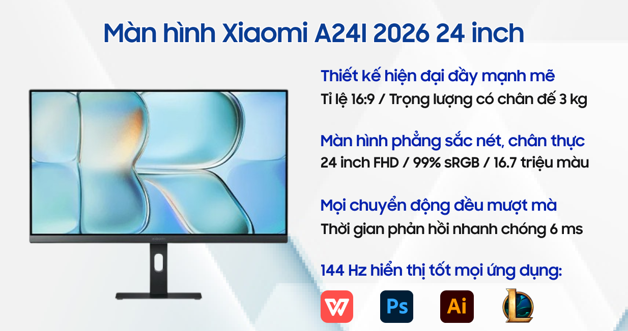 Màn hình Xiaomi A24I 2026 24 inch FHD/IPS/144HZ ELA6416EU  - Hàng Chính Hãng