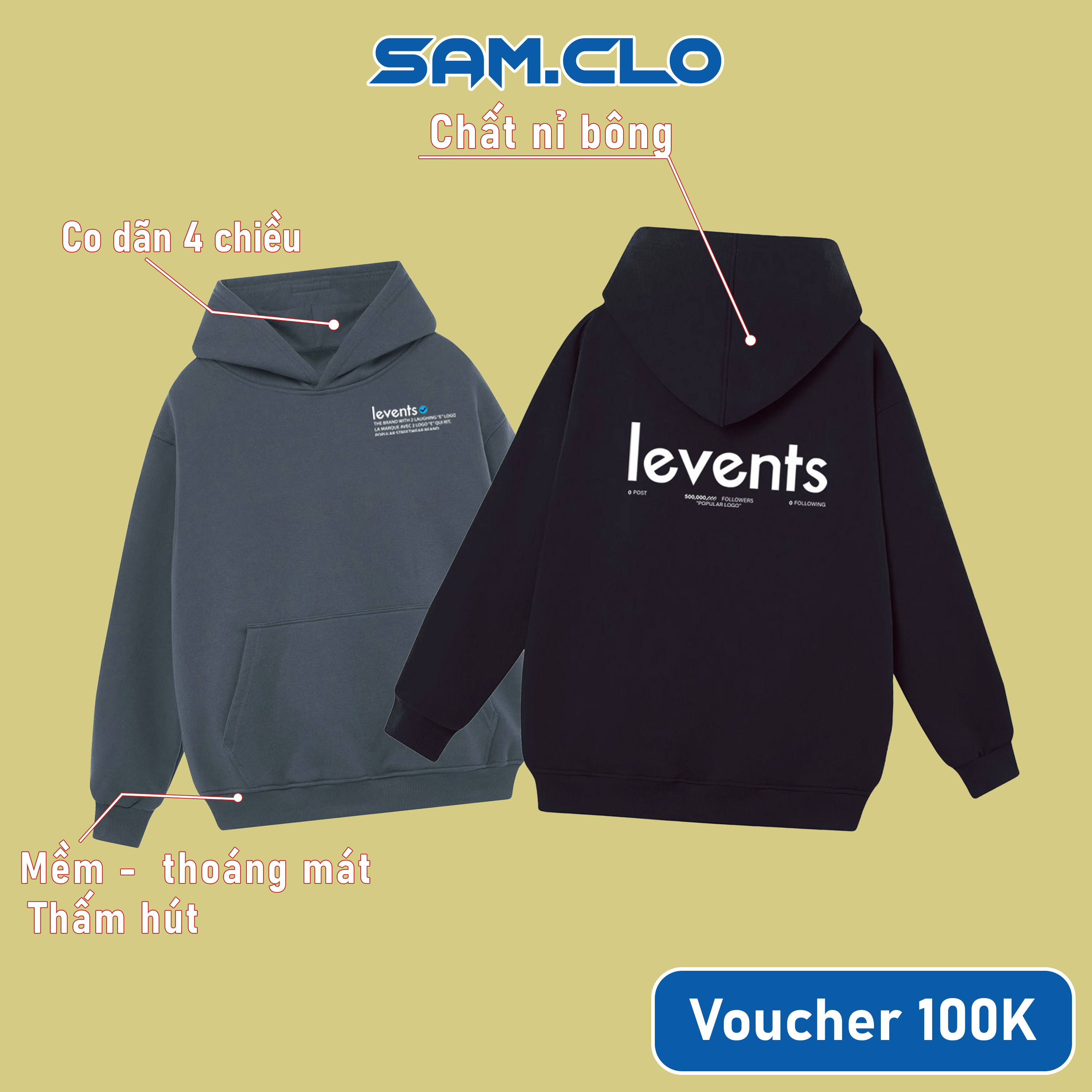 Áo khoác nỉ chui SAM CLO nam nữ có mũ tay dài thu đông freesize dáng Unisex in chữ LEVENTS