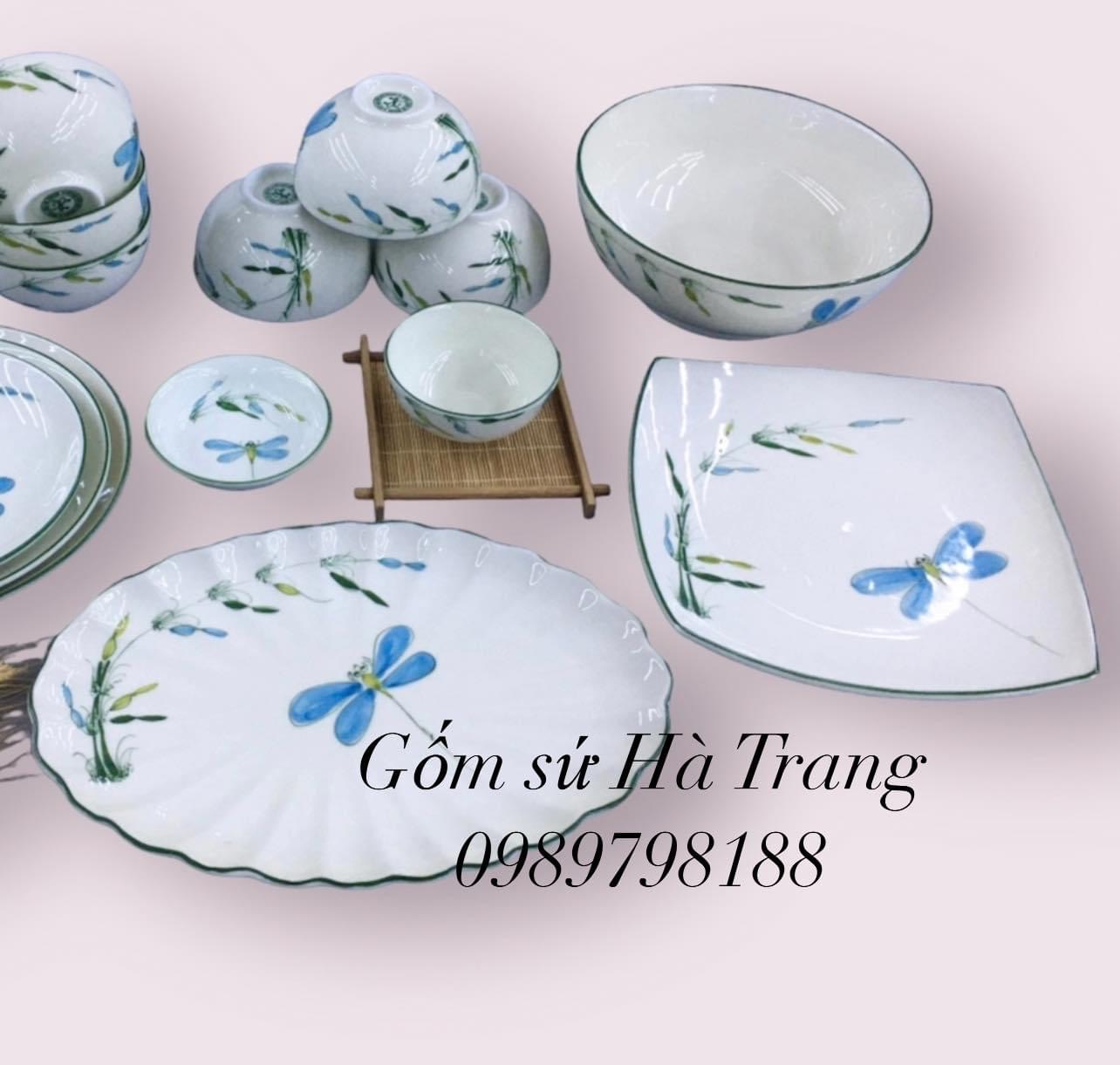 Bộ bát đĩa gốm sứ Bát Tràng cao cấp hoạ tiết trúc chuồn TCTL2023536