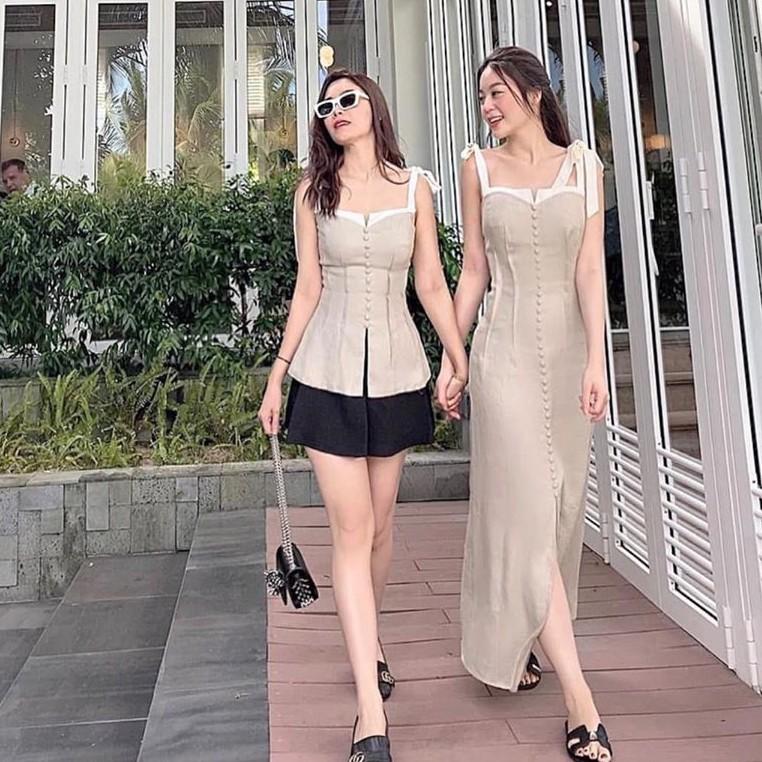 Đầm maxi nude phối trắng cột nơ vai