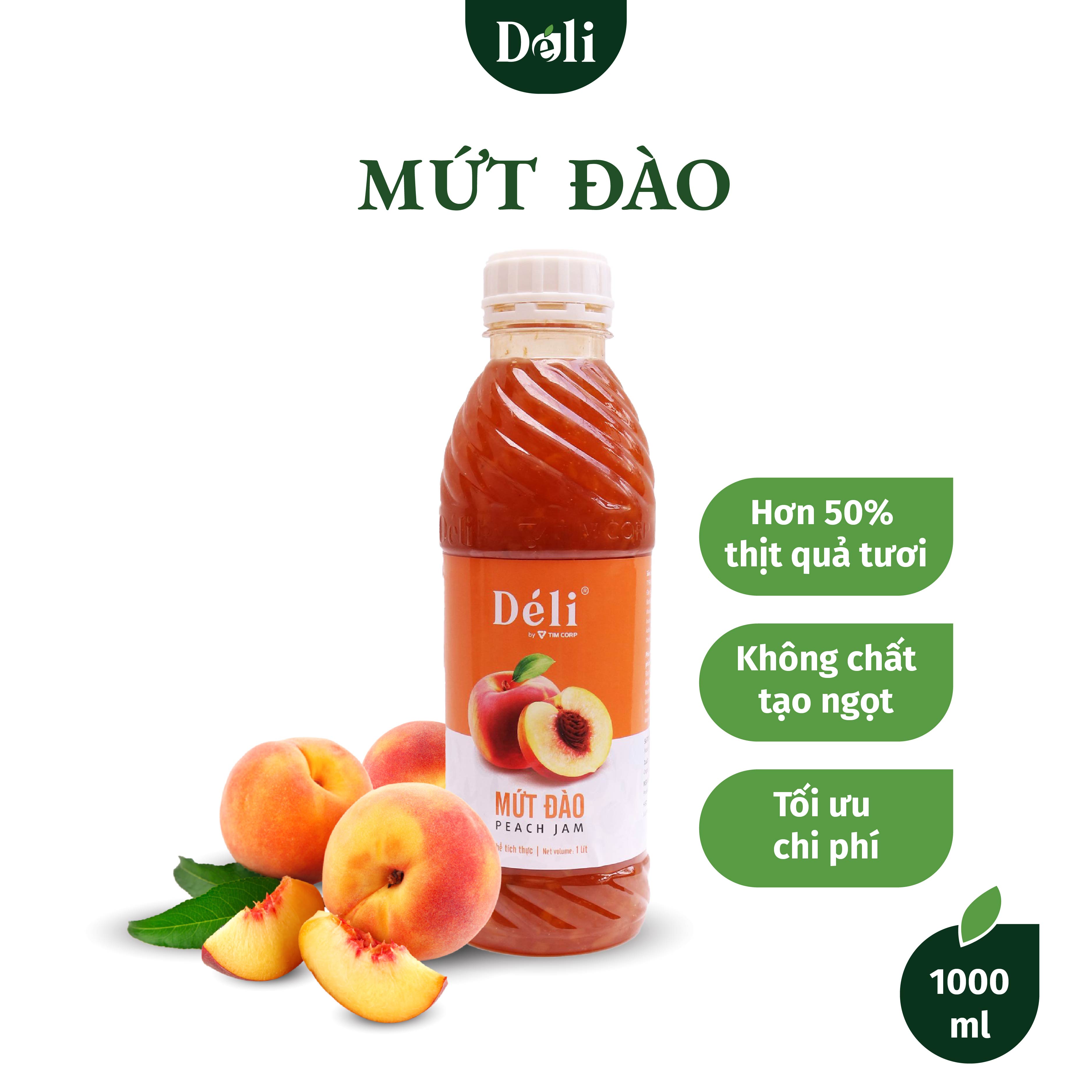 Mứt Đào Déli chai 1L [CHUYÊN SỈ] HSD:18 tháng, nguyên liệu pha chế trà trái cây, soda,..