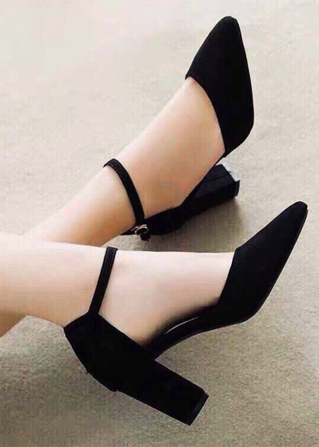 Giày / Sandal Cao Gót Nữ Da Nỉ Cao Cấp Cài Quai Viền Đen Đế Vuông Cao 7p- CTG8504