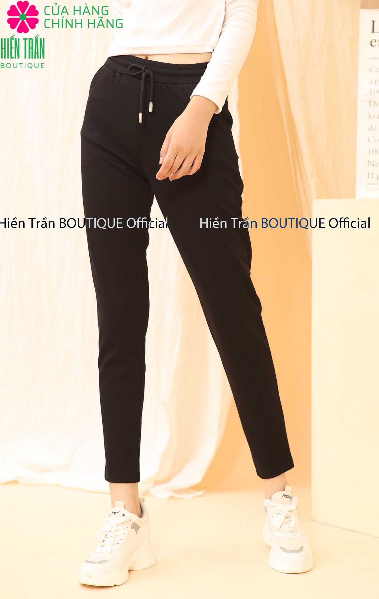 Quần jogger nữ Hiền Trần BOUTIQUE dáng dài cạp chun dây buộc kiểu dáng trơn basic