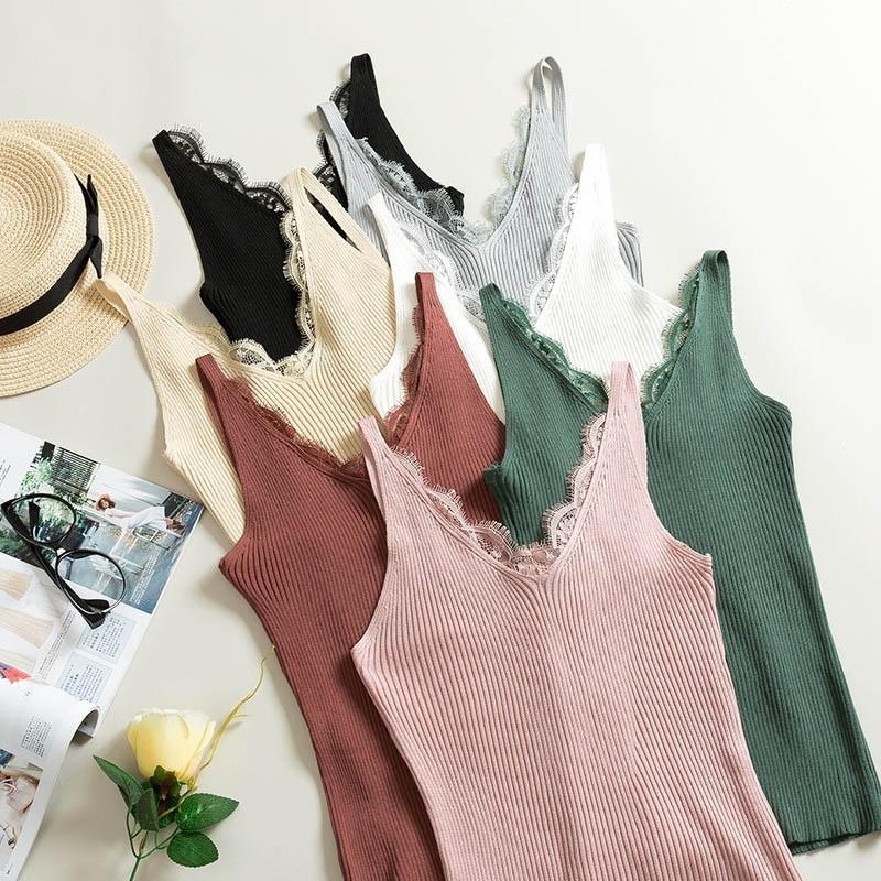 Áo Tank Top Phối Ren Hoa Thiết Kế Cổ Chữ V Quyến Rũ