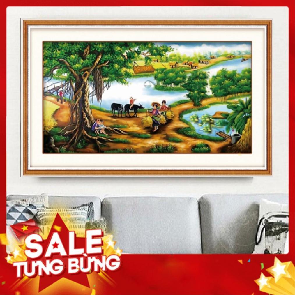 TRANH THÊU CHỮ THẬP CÂY ĐA LÀNG TRANH CHƯA THÊU LV3013