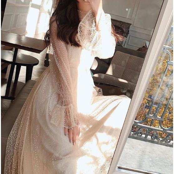 Đầm ren chấm bi cổ trụ chụp kỉ yếu