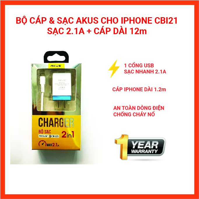 Hàng chính hãng - Bộ Adapter sạc kèm cáp sạc điện thoại AKUS 2.1A