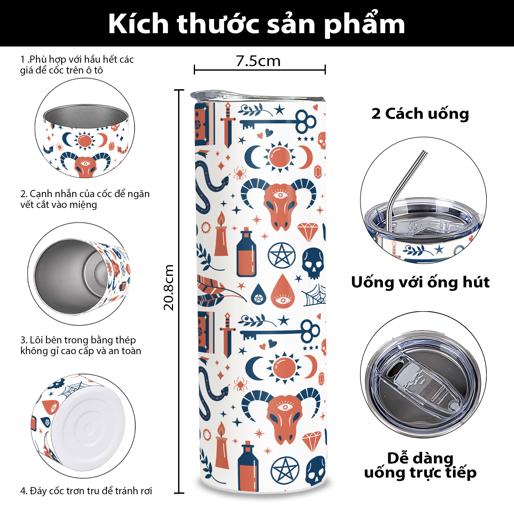 Bình giữ nhiệt thép không gỉ SUS304 họa tiết lạ mắt - Ly giữ nhiệt họa tiết lạ mắt - Bình nước giữ nhiệt SUS304 - 600ml