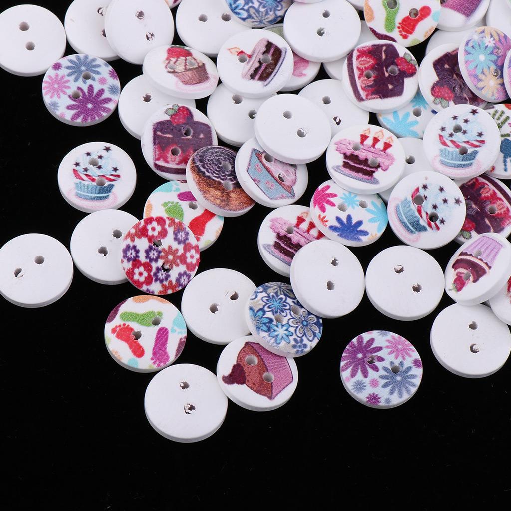 100pcs Flower Printed Wooden Buttons 2 Holes 15mm DIY Clothing Scrapbook Crafts