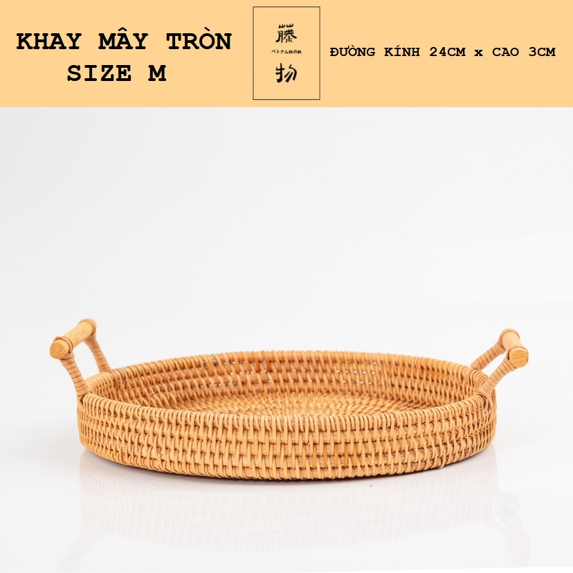 Khay mây tròn để trái cây, ly cốc có quai cầm 2 bên