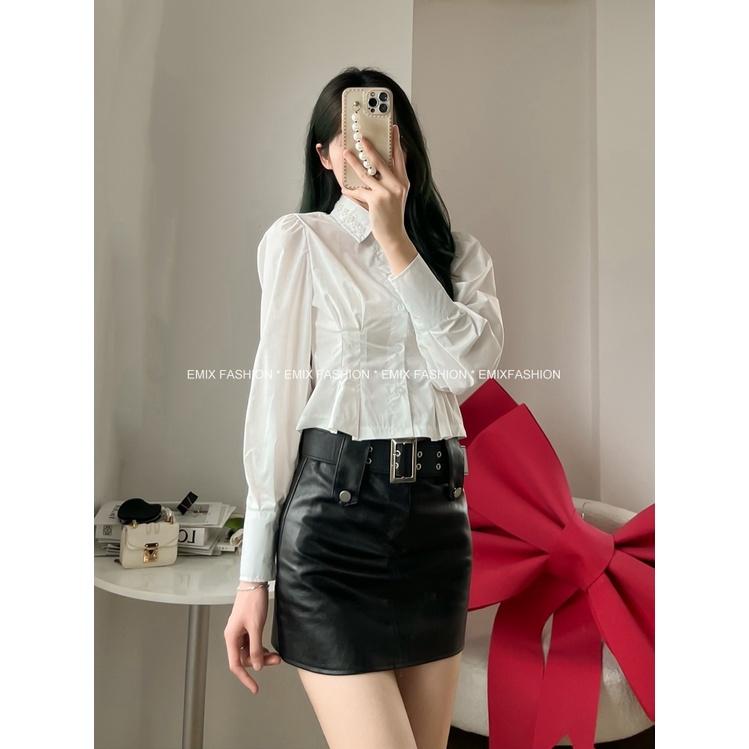 Áo sơ mi trắng phối cổ đính ngọc EMIX, croptop, dài tay. size dưới 48kg, chất thô boil