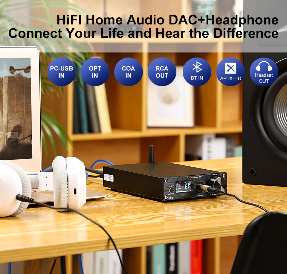 Bộ Giải Mã FX-Audio DAC D01 32 Bit/768Khz/ DSD512 Bluetooth 5.0 USB  and Headphone Amplifier HiFi Stereo Digital to Analogue ES9038Q2M/XMOS XU208 Support APTX/HD/LDAC/DSD.512 with 6.35mm to 3.5mm Headphone Converter - Hàng Chính Hãng