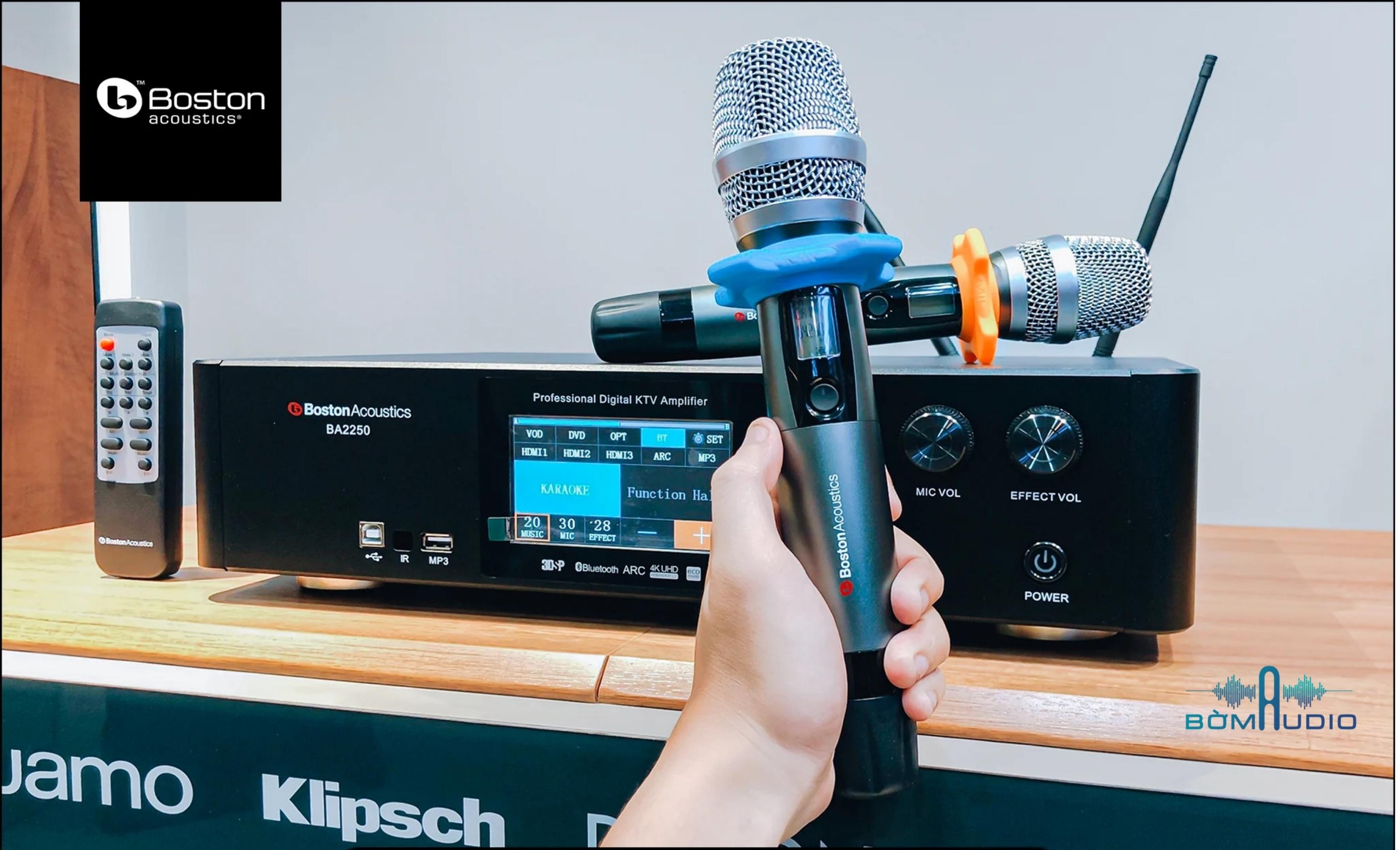 BOSTON ACOUSTICS BA-2250 | Ampli Karaoke Kỹ Thuật Số Cao Cấp - Tích Hợp Micro Không Dây + Mạch DAC Giải Mã Chất Lượng Cao Qua cổng HDMI và Optical - Kết nối USB tiện dụng + Bluetooth thời thượng - Công suất 300WKênh x 8 Ohms | Hàng Chính Hãng _ Mới 100%