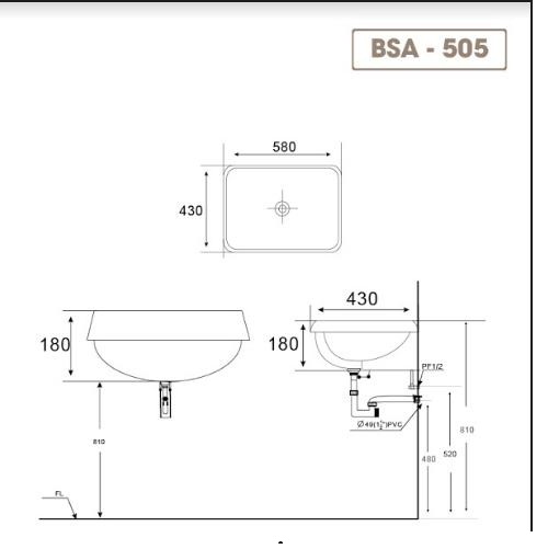 Chậu lavabo rửa mặt đặt trên bàn BSA-505 sản phẩm chỉ gồm phần sứ (khuyến nghị dùng vòi cao cổ)