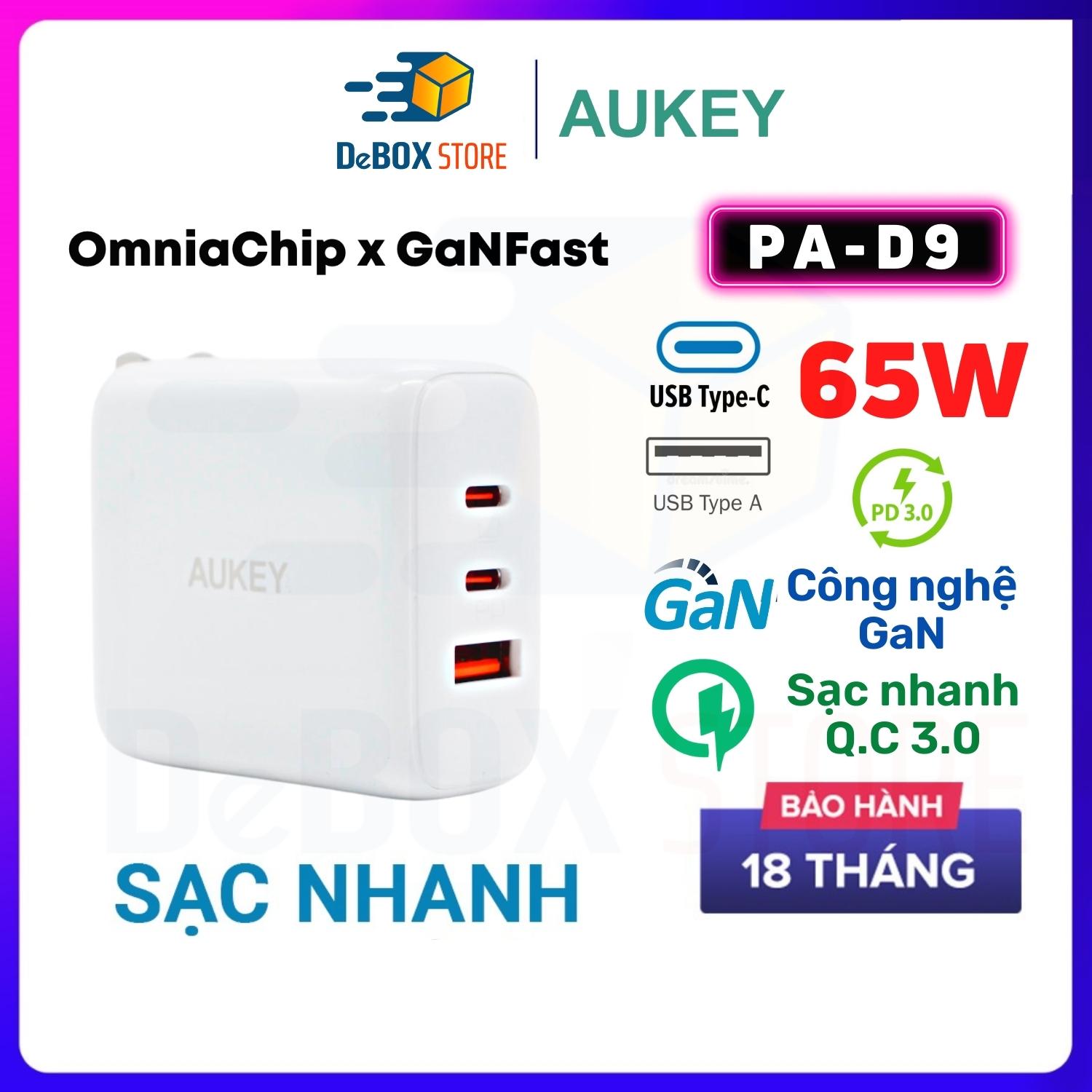 Củ sạc siêu nhanh AUKEY PA-D9 Công suất 65W Swift Mix 3-Port 65W PD, hỗ trợ PPS, Super Fast Charging 45W - Hàng Chính Hãng