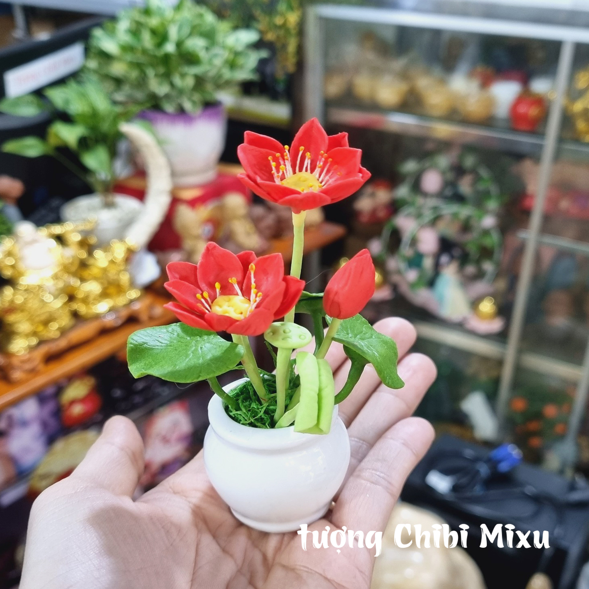Chậu hoa sen đỏ bằng đất sét Nhật y hình