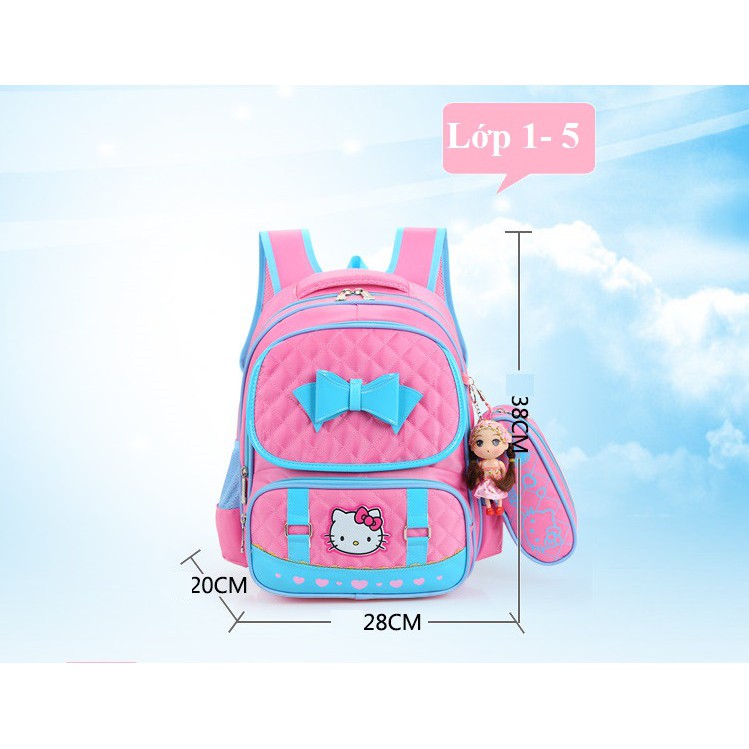 Balo đi học cấp 1 cho bé gái hình Hellokitty tặng kèm hộp bút và búp bê đáng yêu