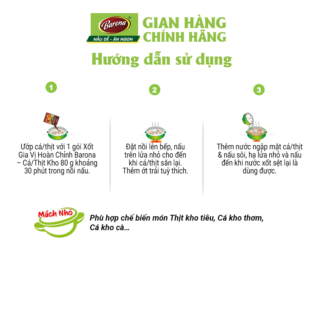 Combo 1 hộp (20 gói) Gia Vị Cá/ Thịt Kho Barona 80g ướp ngon chuẩn vị không cần nêm nếm