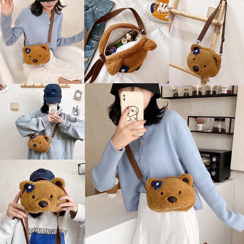 Túi Gấu Nâu Tròn, Túi Gấu Bông Đeo Chéo