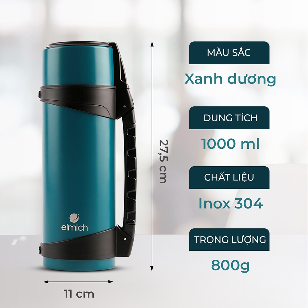 Phích Giữ Nhiệt 3 lớp, Inox 304 Tráng bạc Elmich EL-8009 (Mầu Xanh Dương - Dung tích 1000ml / Giữ Nóng 8h - Giữ Lạnh 12h) - Hàng Chính Hãng