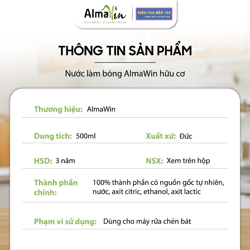 Nước Làm Bóng Almawin Hữu Cơ 500ml - giúp chén bát sáng bóng và khô hơn