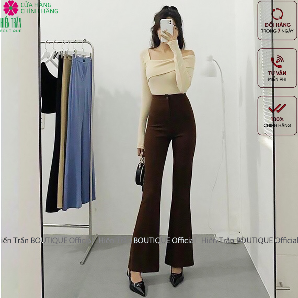 Quần ống loe Hiền Trần BOUTIQUE lưng cạp cao 1 cúc suông rộng nữ dài culottes màu đen nâu