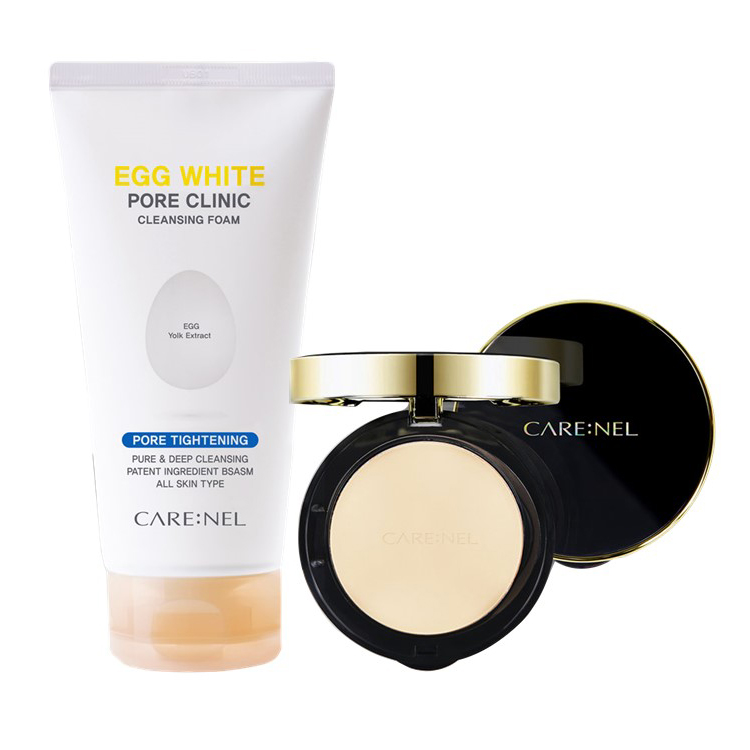 Combo Phấn Nền Nén Trang Điểm Carenel MOTD Shine Pact SPF50+/PA++ &amp; Sữa Rửa Mặt Trứng Gà Da Mụn, Nhạy Cảm Carenel Egg White Pore Clinic Cleansing Foam