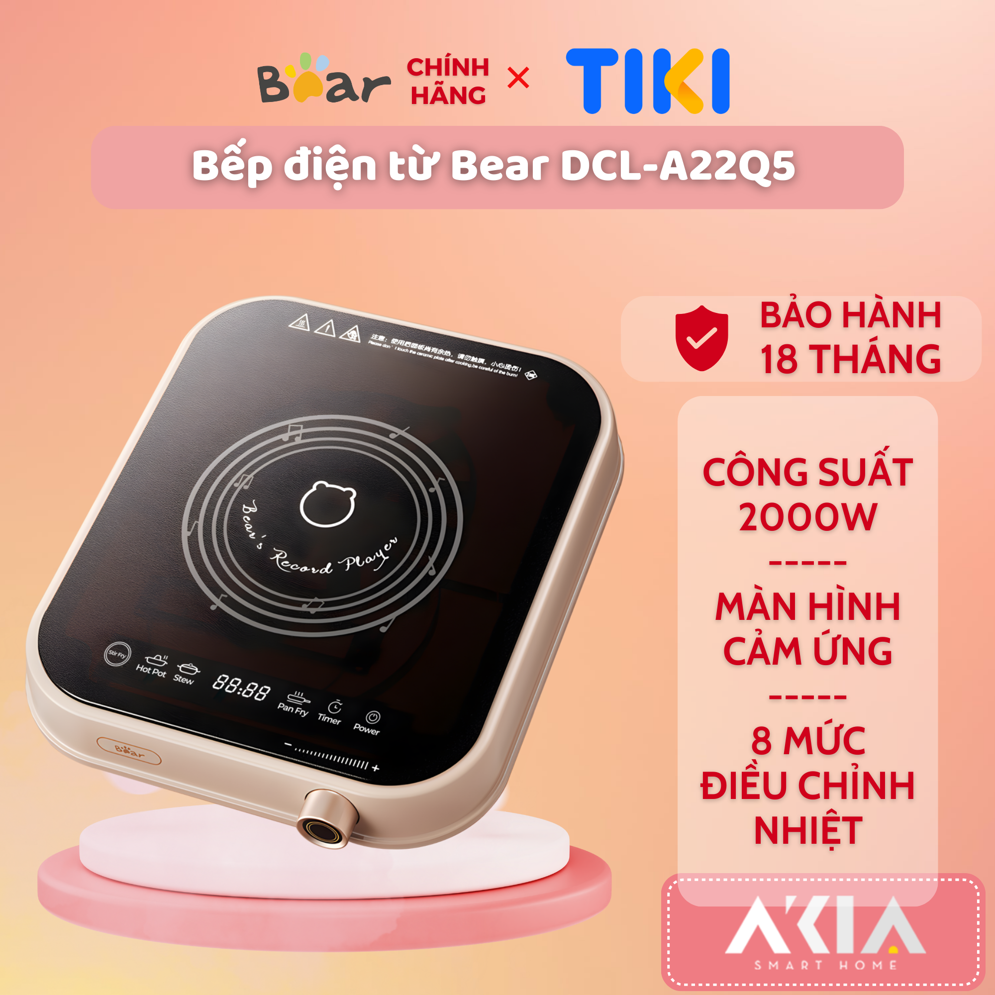 Bếp điện từ Bear DCL-A22Q5 - 8 mức nhiệt độ, Màn hình cảm ứng, Công suất 2000W - Hàng chính hãng, Bản Quốc tế