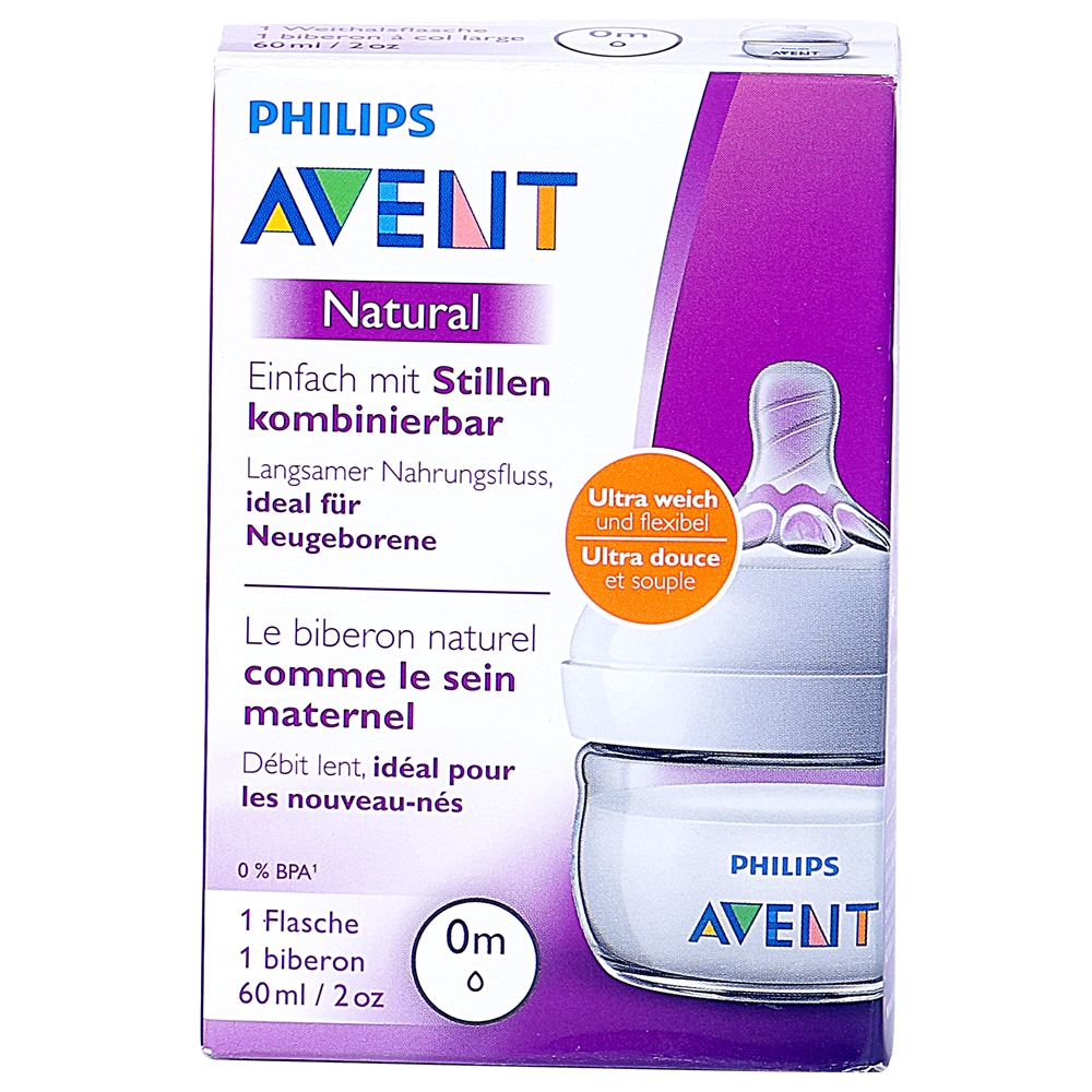 Bình sữa bằng nhựa Philips Avent không có BPA 60ml cho bé từ 0m+ - đơn (SCF039/17)