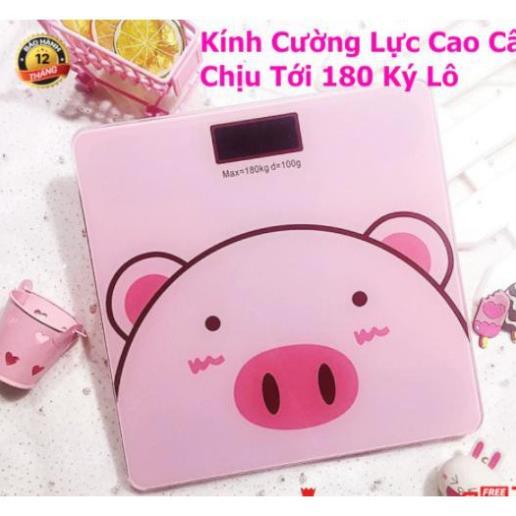 Cân sức khoẻ heo hồng, pin tiểu, kính cường lực, màn hình số kèm đo nhiệt độ phòng