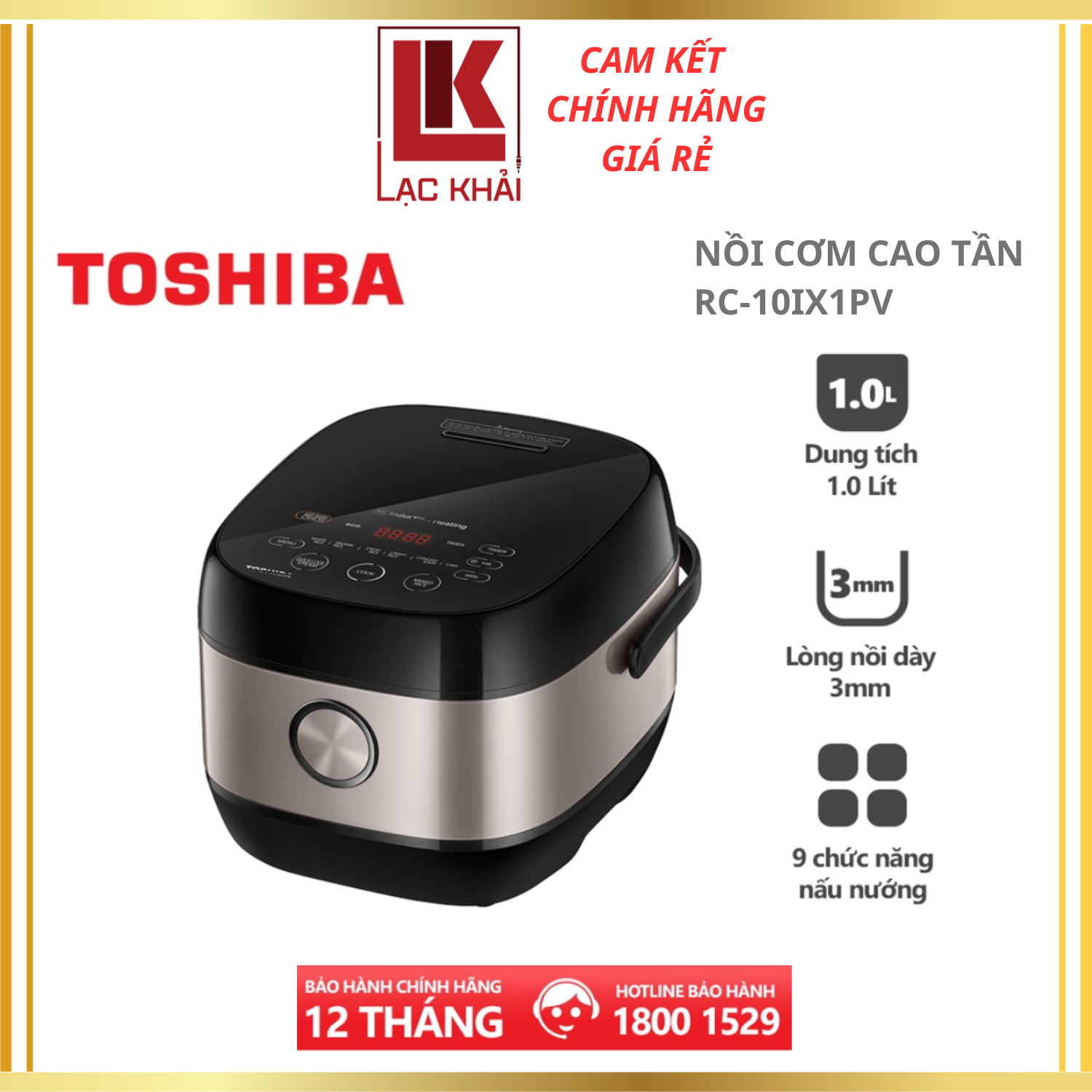 Nồi cơm cao tần Toshiba RC-10IX1PV - 1.0L - Công nghệ cao tần IH 1000W + nhiệt 3D, Lòng nồi dày 3mm chống dính, Chế độ nấu đa dạng - Hàng chính hãng bảo hành 12 tháng, chất lượng Nhật Bản